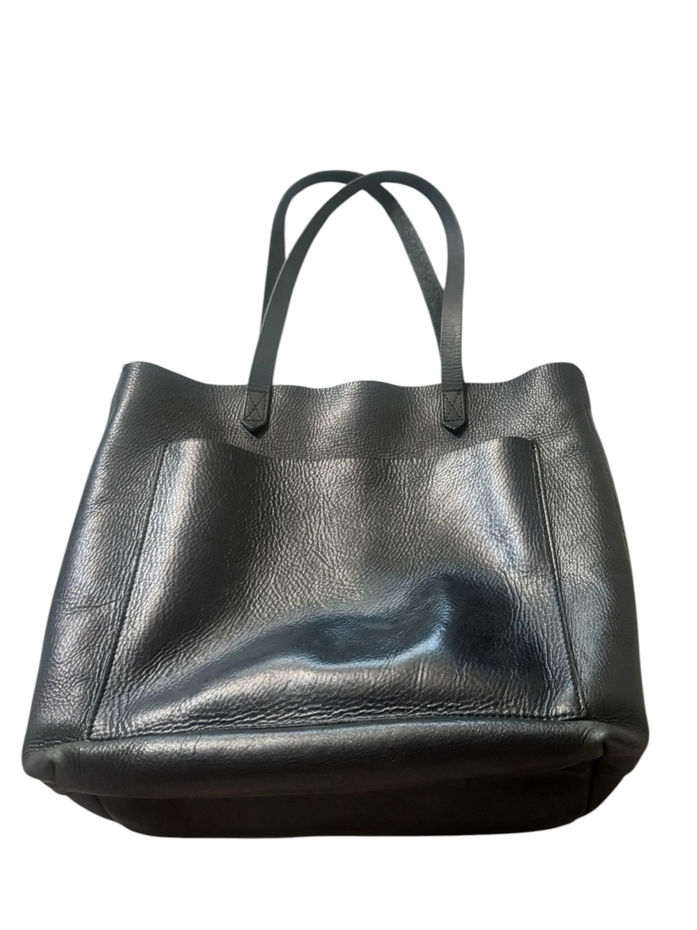 Madewell Classic Black Leather Tote Bag with Front Pocket